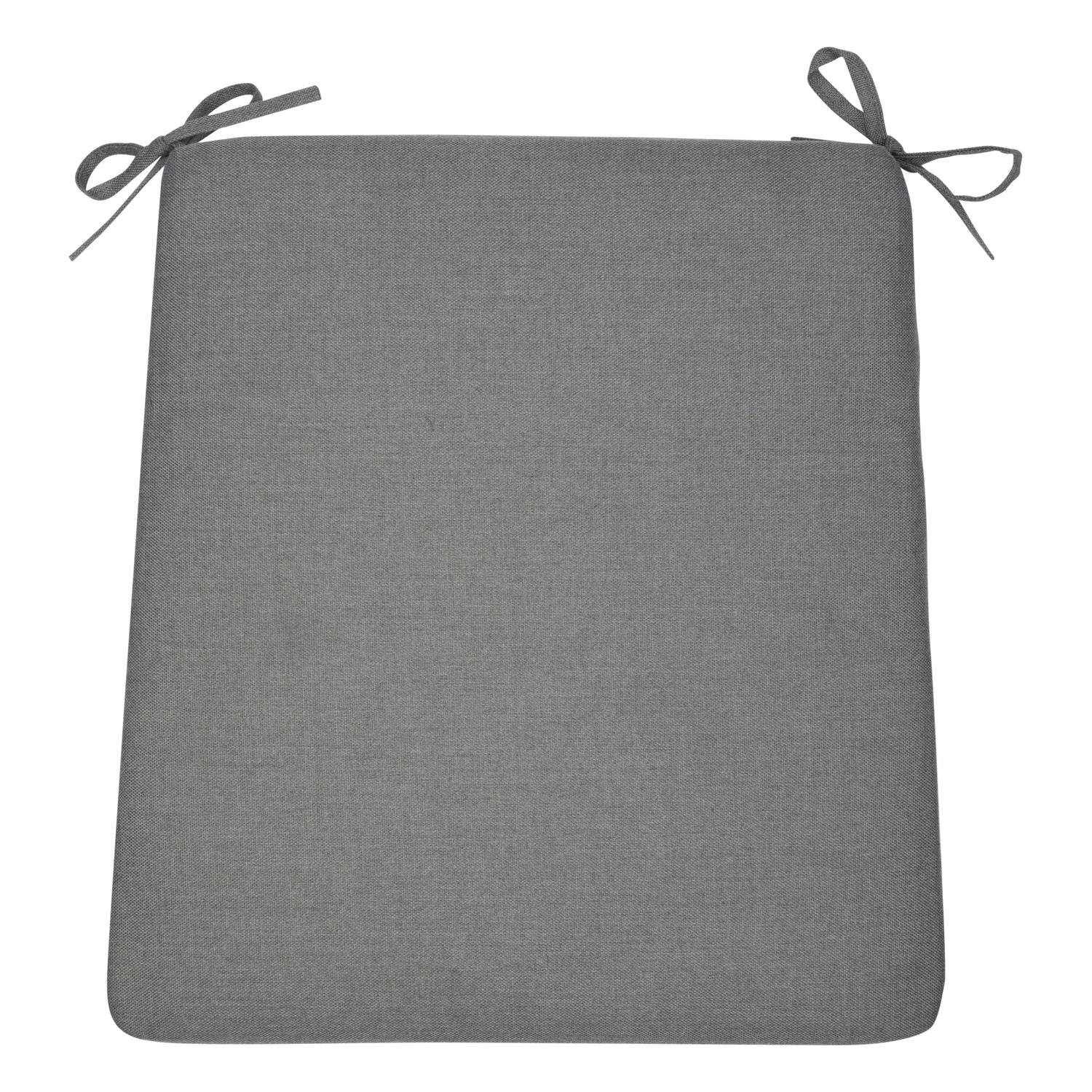 A square gray upholstered seat cushion with two matching gray tie straps at the top corners, shown on a plain white background. 