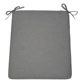 A square gray upholstered seat cushion with two matching gray tie straps at the top corners, shown on a plain white background. 