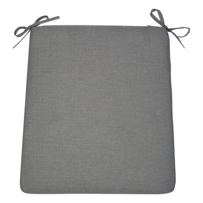 A square gray upholstered seat cushion with two matching gray tie straps at the top corners, shown on a plain white background. 