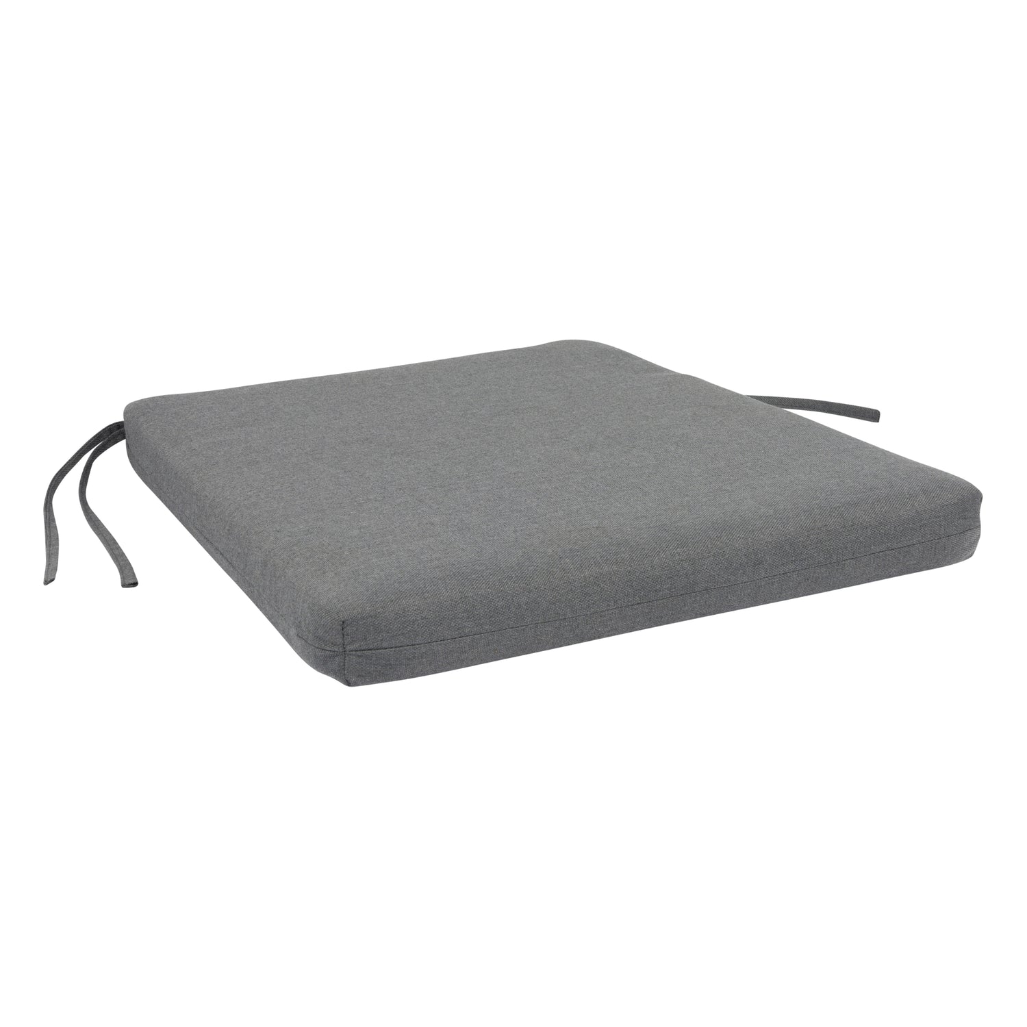 A square gray outdoor seat cushion with black tie straps on the sides, shown on a plain white background. 