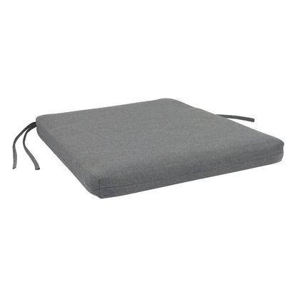 A square gray outdoor seat cushion with black tie straps on the sides, shown on a plain white background. 