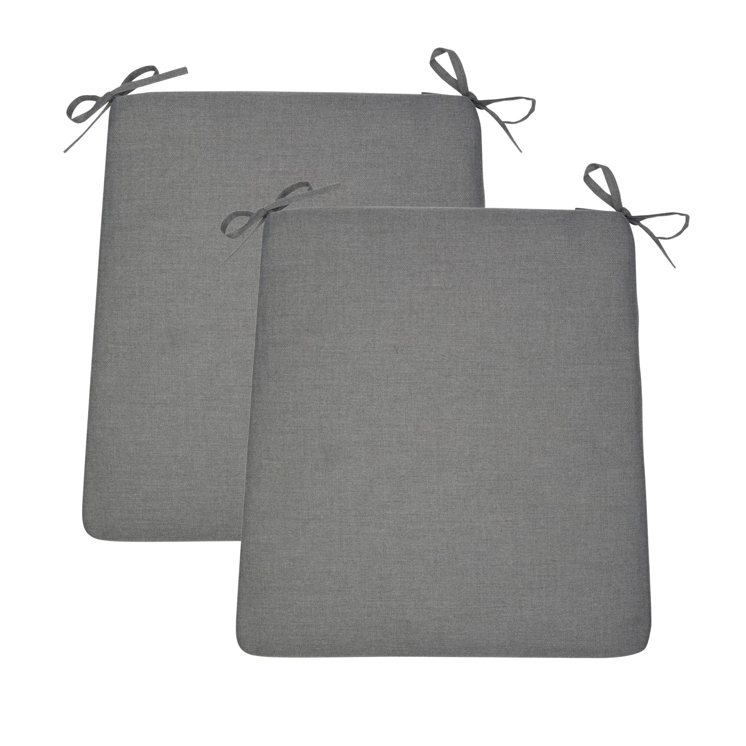 Two rectangular gray upholstered seat cushions with tie-on straps, shown overlapping on a plain white background. 