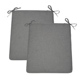Two rectangular gray upholstered seat cushions with tie-on straps, shown overlapping on a plain white background. 
