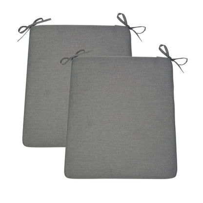 Two rectangular gray upholstered seat cushions with tie-on straps, shown overlapping on a plain white background. 