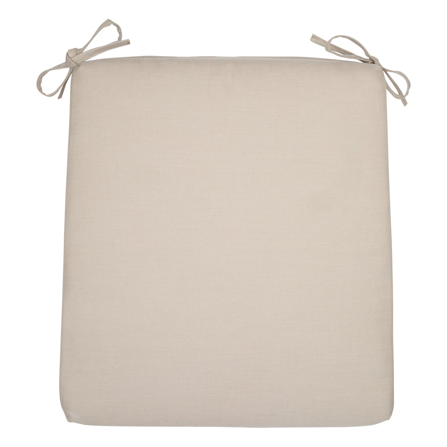 A square khaki outdoor chair cushion with tie-on corner straps, shown flat against a solid white background. 