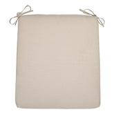 A square khaki outdoor chair cushion with tie-on corner straps, shown flat against a solid white background. 