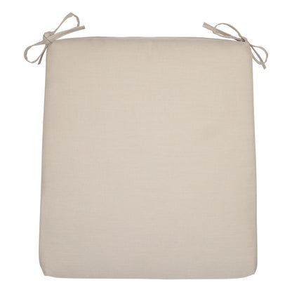 A square khaki outdoor chair cushion with tie-on corner straps, shown flat against a solid white background. 