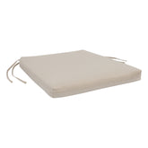 A square khaki outdoor seat cushion with black tie straps on the sides, shown on a plain white background. 