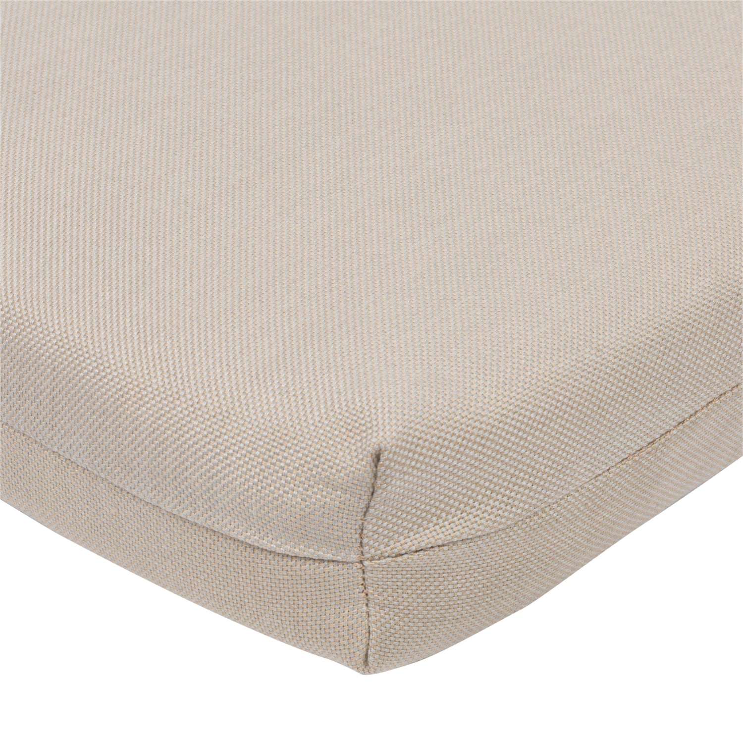 Close-up of a khaki woven fabric cushion corner with stitched edges on a white background. 