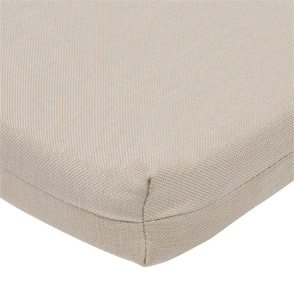 Close-up of a khaki woven fabric cushion corner with stitched edges on a white background. 