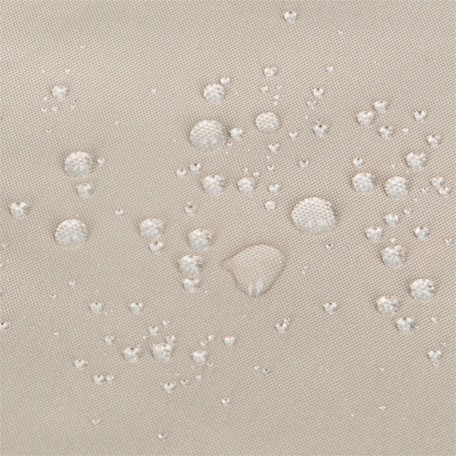 Close-up of a khaki woven fabric surface with multiple clear water droplets resting on top, showing a water-repellent or hydrophobic effect. 