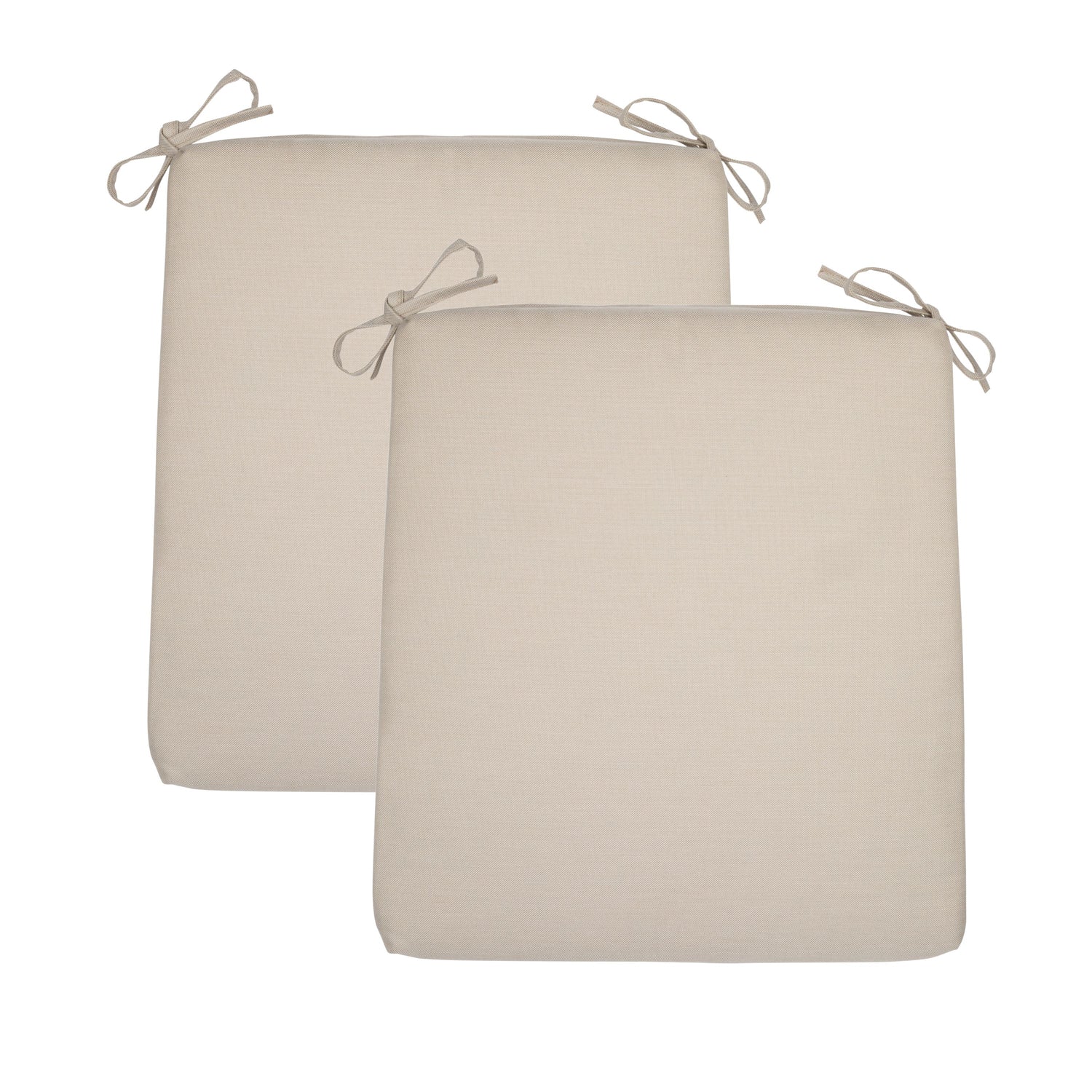 Two square khaki outdoor seat cushions with tie-on straps, shown overlapping on a plain white background. 