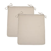 Two square khaki outdoor seat cushions with tie-on straps, shown overlapping on a plain white background. 