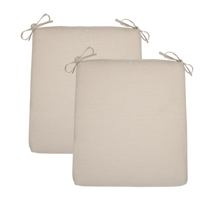 Two square khaki outdoor seat cushions with tie-on straps, shown overlapping on a plain white background. 