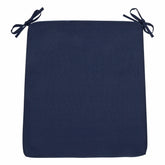 A square navy blue outdoor chair cushion with two matching tie straps at the top corners, shown flat against a white background. 