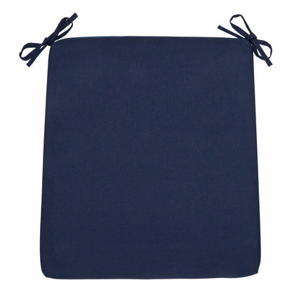 A square navy blue outdoor chair cushion with two matching tie straps at the top corners, shown flat against a white background. 