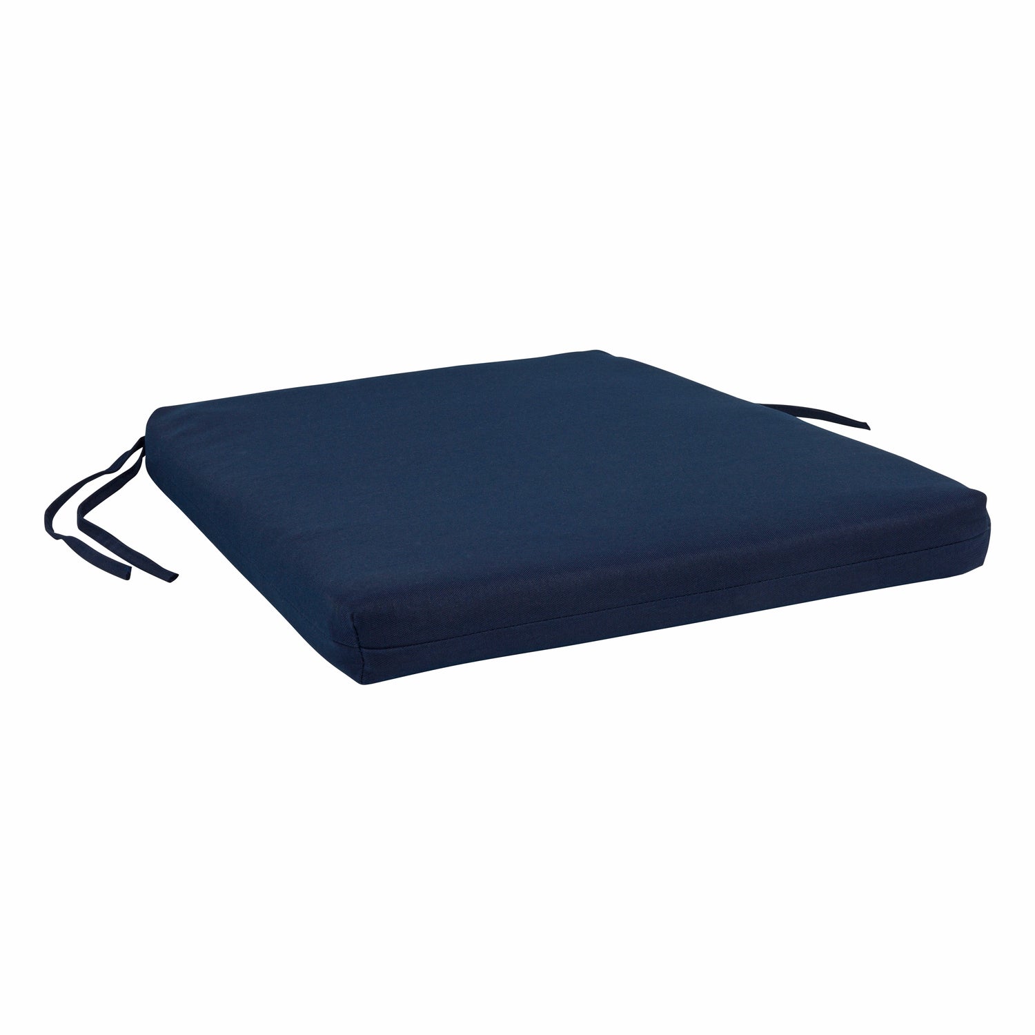 A square navy blue upholstered seat cushion with two black tie straps on the sides, shown on a plain white background. 