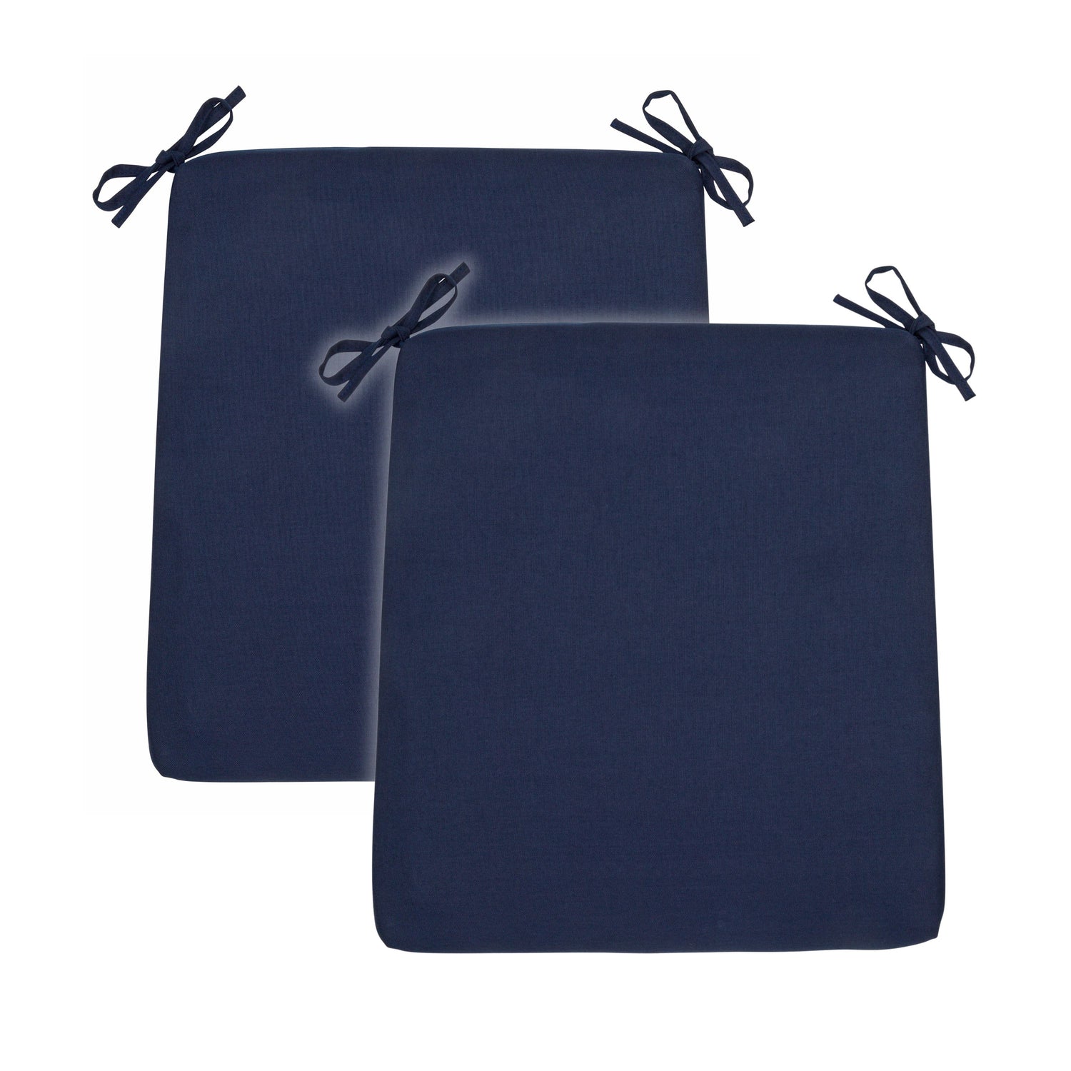 Two navy blue rectangular outdoor seat cushions with black tie-down straps, shown overlapping on a plain white background. 