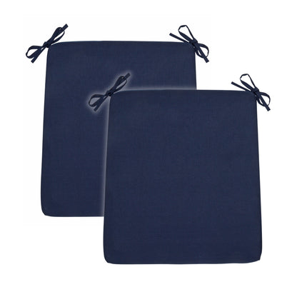 Two navy blue rectangular outdoor seat cushions with black tie-down straps, shown overlapping on a plain white background. 