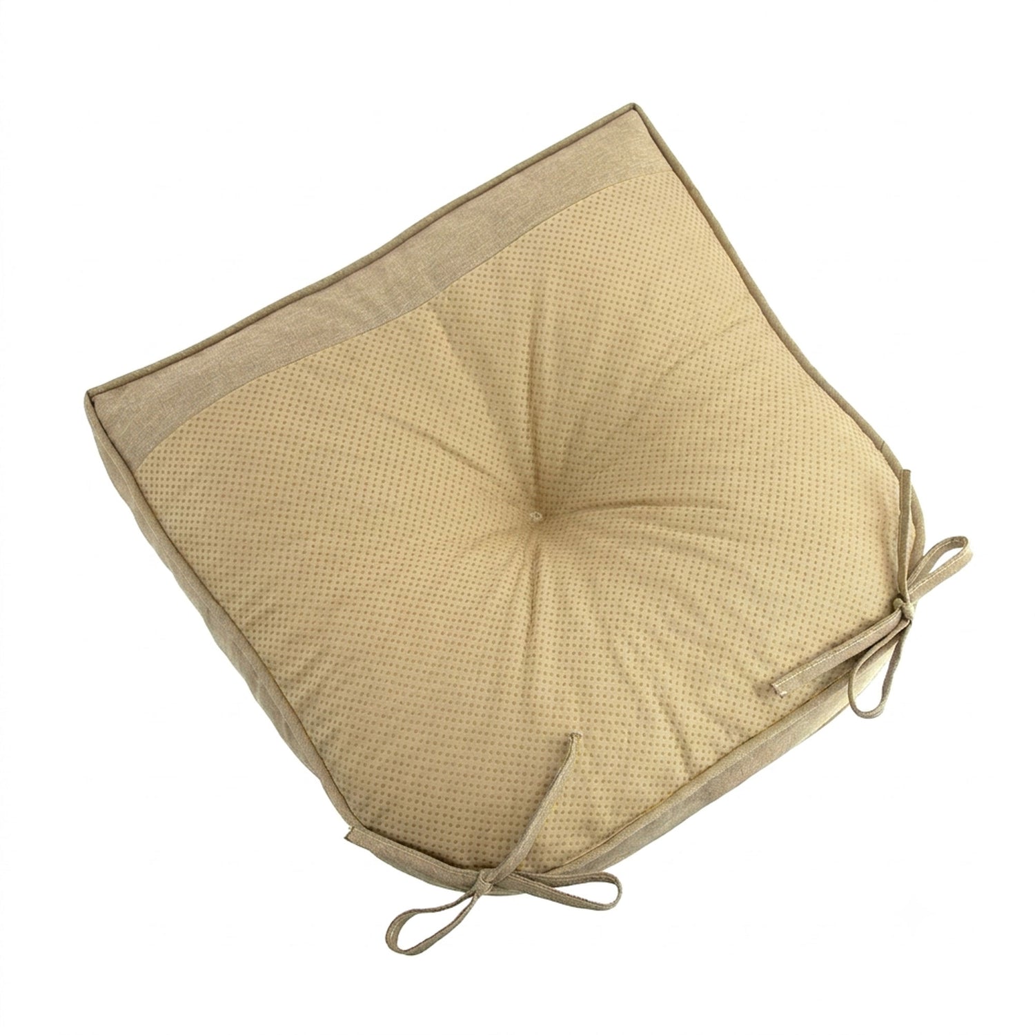 A square beige outdoor patio cushion with a textured waffle-weave center and a solid woven trim, featuring tie-on corner straps, shown on a plain white background. 
