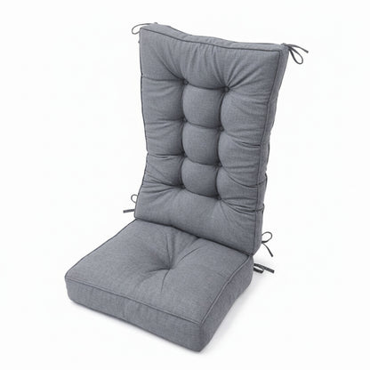 A gray tufted outdoor chair cushion set with a tall backrest and a matching seat cushion, shown on a plain white background. 