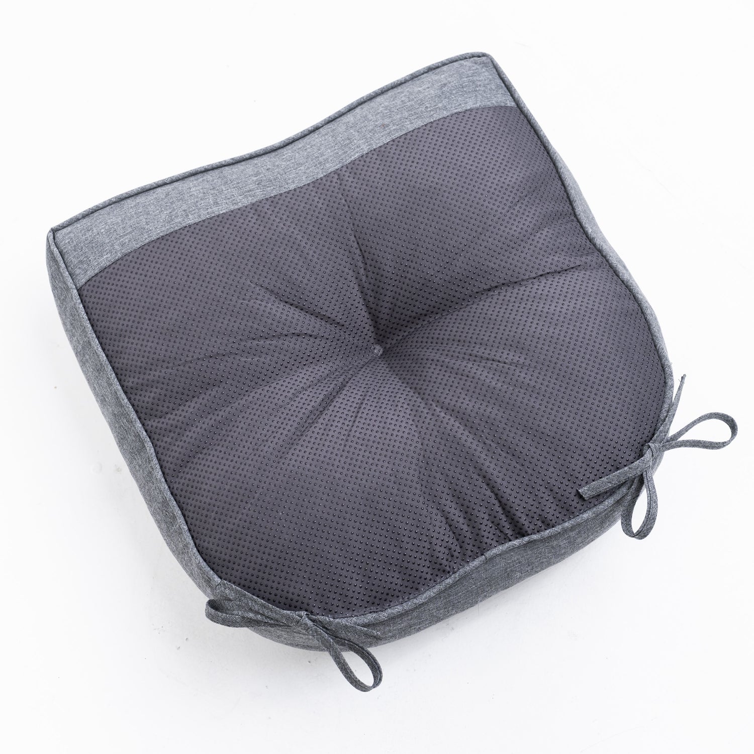 A square gray cushion with a textured mesh center and a solid heather gray fabric border, featuring tie-on corner straps, shown on a plain white background. 