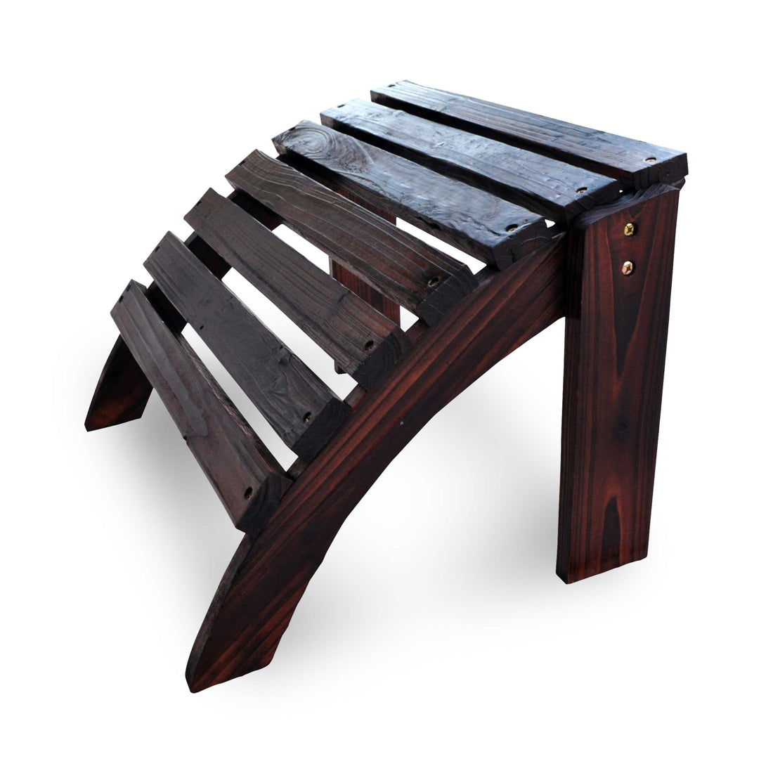 A dark brown wooden footrest or bench with a slatted backrest and curved legs, shown on a plain white background. 