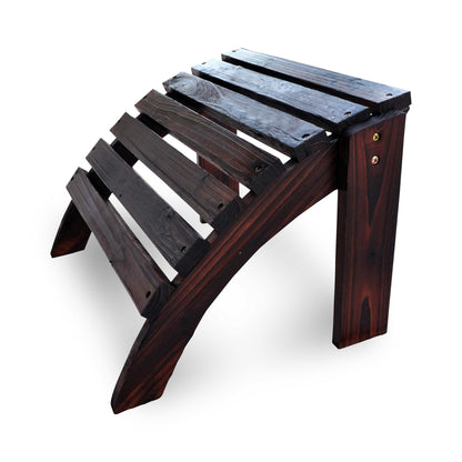 A dark brown wooden footrest or bench with a slatted backrest and curved legs, shown on a plain white background. 
