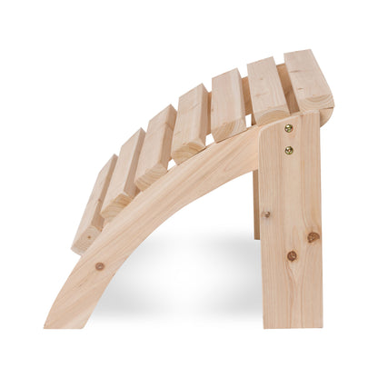 A light natural wood outdoor lounge chair ottoman shown from a side angle on a white background. 