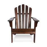 A dark brown wooden Adirondack chair with a high slatted back and wide armrests, photographed from the front against a plain white background. 
