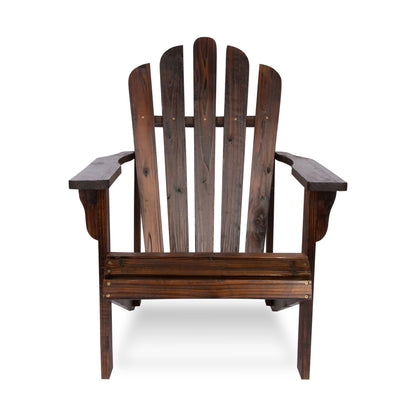 A dark brown wooden Adirondack chair with a high slatted back and wide armrests, photographed from the front against a plain white background. 
