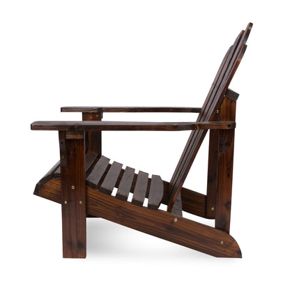 A dark brown wooden Adirondack chair with a slatted back and seat, shown from a side profile view against a white background. 