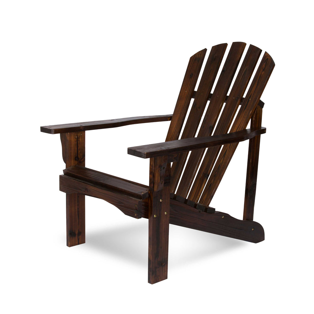 A dark brown wooden Adirondack chair with a slatted back and wide armrests, shown from a three-quarter angle on a white background. 