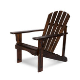 A dark brown wooden Adirondack chair with a slatted back and wide armrests, shown from a three-quarter angle on a white background. 