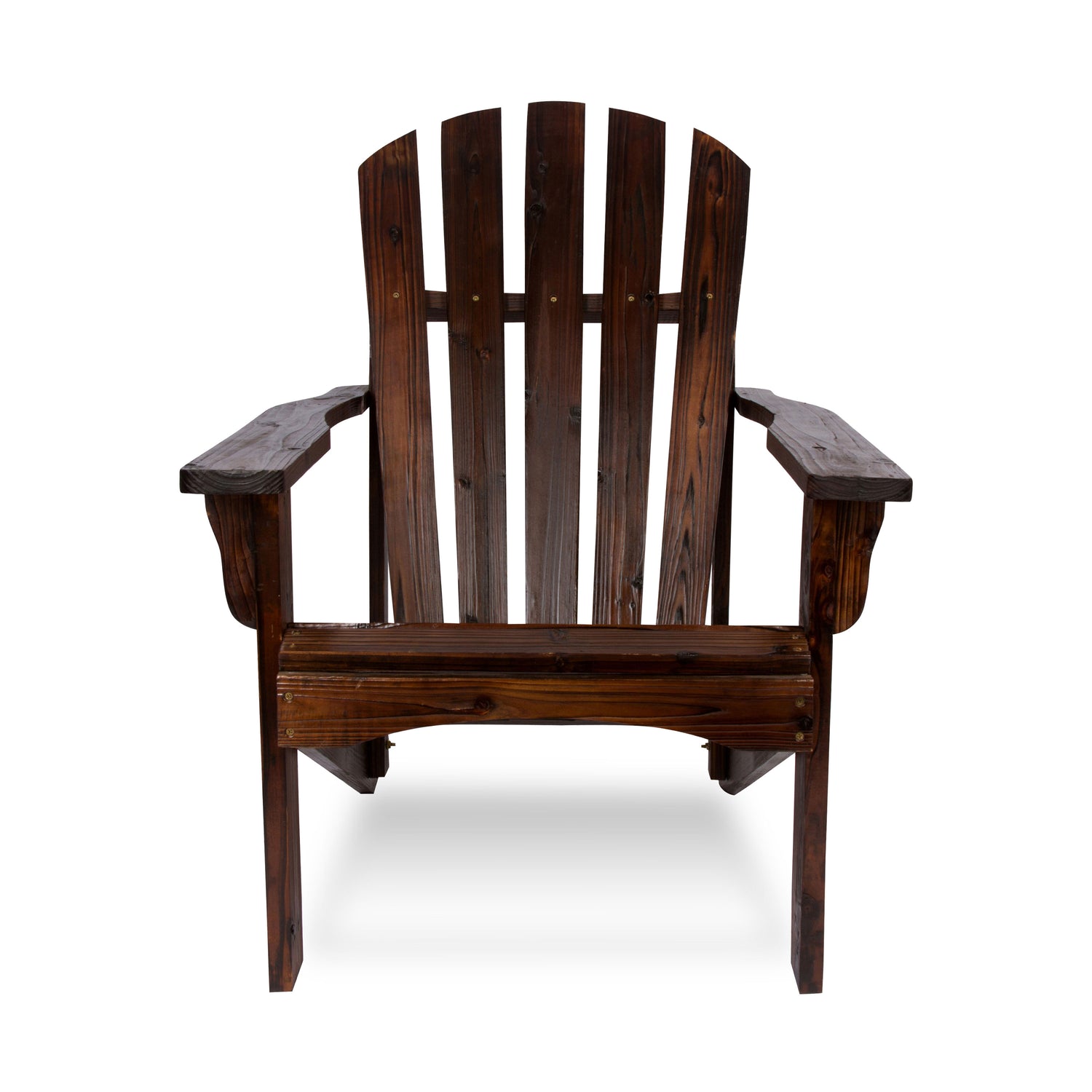 A dark brown wooden Adirondack chair with a slatted back and wide armrests, shown from the front against a plain white background. 