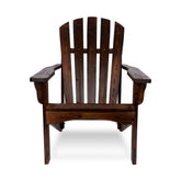 A dark brown wooden Adirondack chair with a slatted back and wide armrests, shown from the front against a plain white background. 