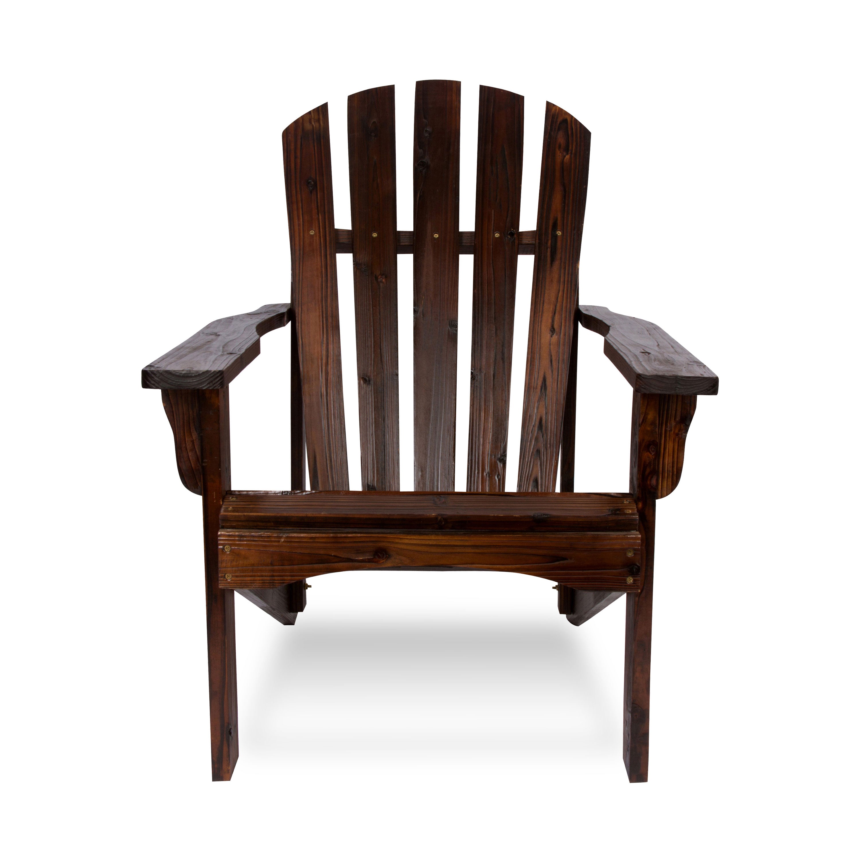 A dark brown wooden Adirondack chair with a slatted back and wide armrests, shown from the front against a plain white background. 