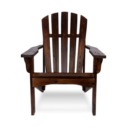 A dark brown wooden Adirondack chair with a slatted back and wide armrests, shown from the front against a plain white background. 