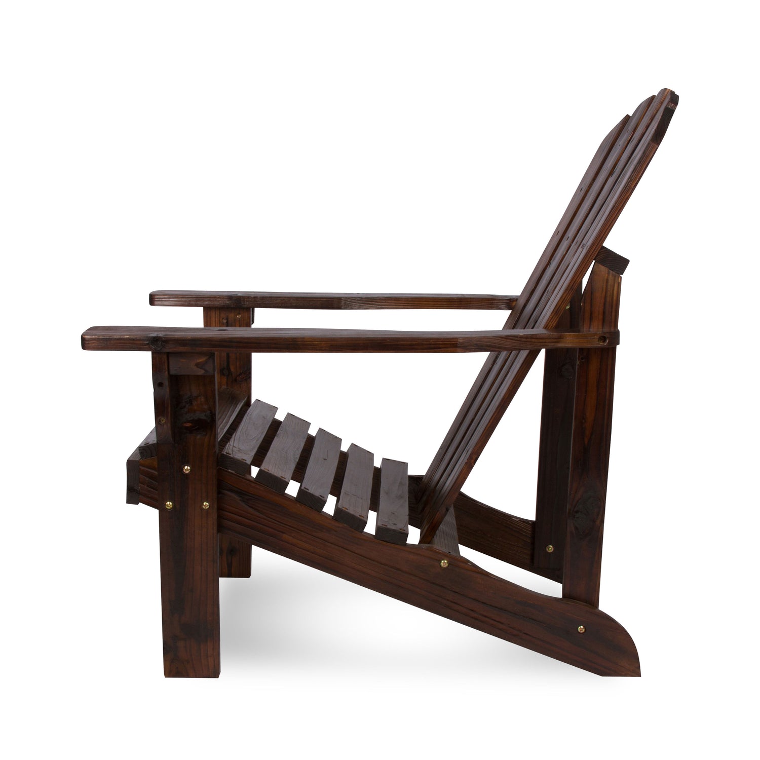 A dark brown wooden Adirondack-style chair with a slatted back and armrests, shown from a side angle against a plain white background. 