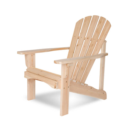 A light natural wood Adirondack chair shown from a three-quarter angle on a clean white background. 