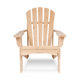 A natural light wood Adirondack chair with a slatted back and curved armrests, shown from the front on a white background. 