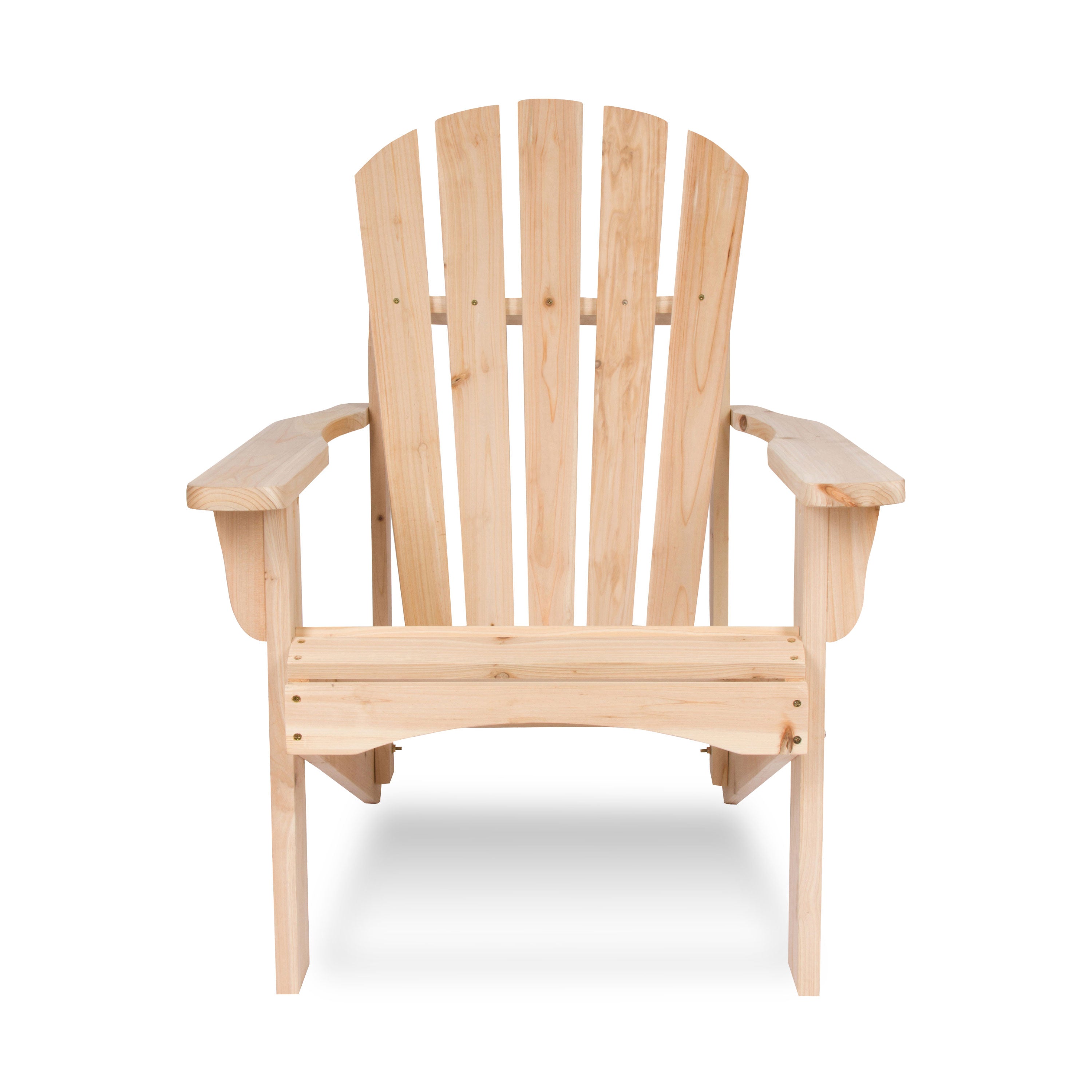 A natural light wood Adirondack chair with a slatted back and curved armrests, shown from the front on a white background. 
