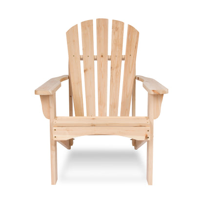 A natural light wood Adirondack chair with a slatted back and curved armrests, shown from the front on a white background. 