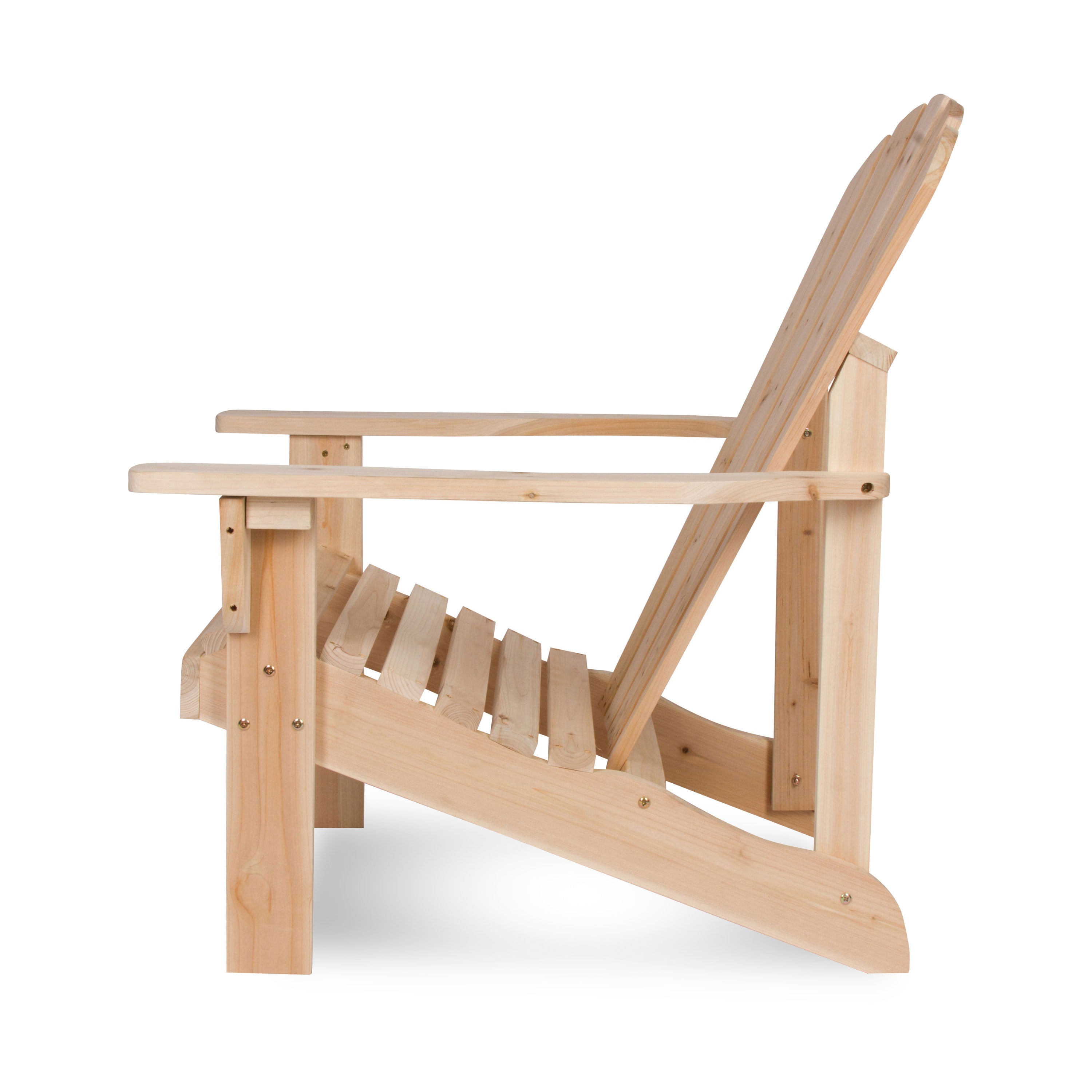 A light natural wood Adirondack chair shown from a side profile view against a plain white background. 