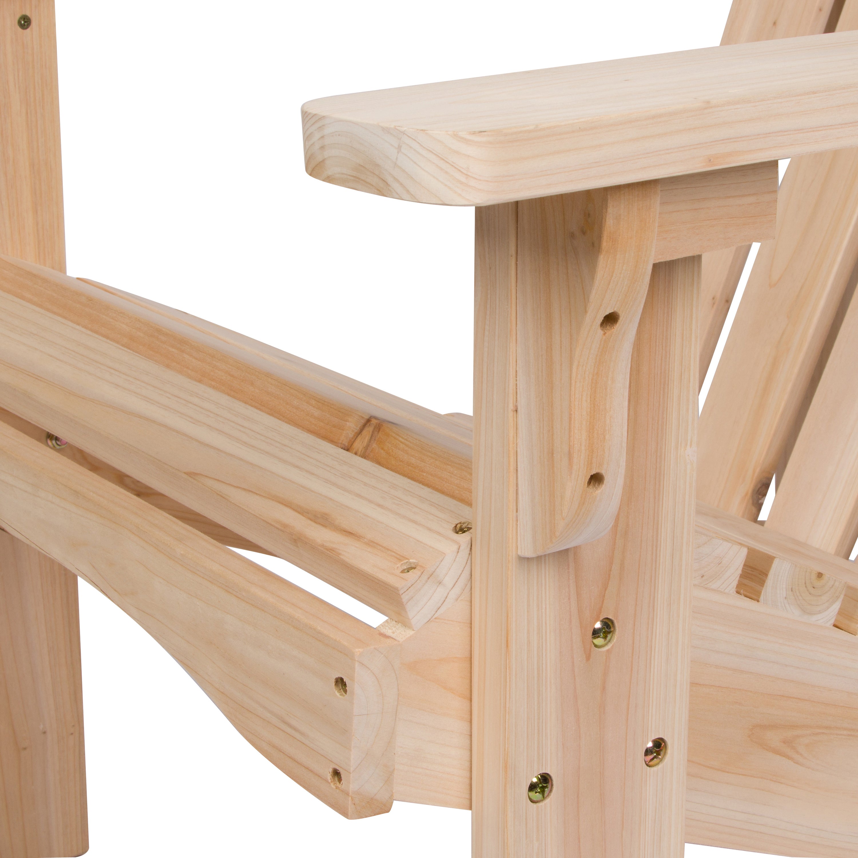 Close-up of a light natural wood Adirondack chair showing the armrest, slatted back, and joint construction on a white background. 