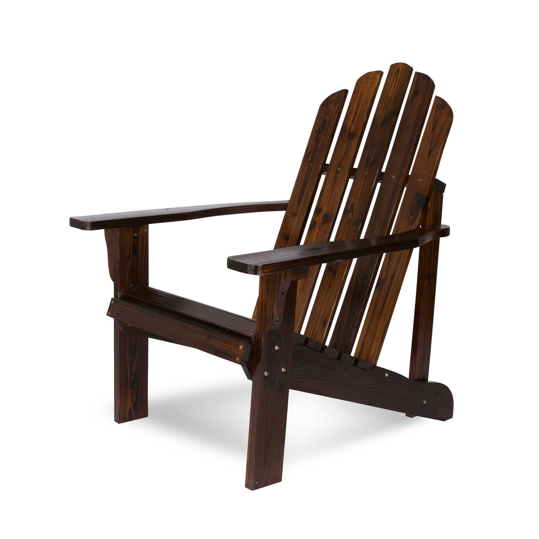 A dark brown wooden Adirondack chair with a slatted back and wide armrests, shown from a three-quarter angle on a white background. 