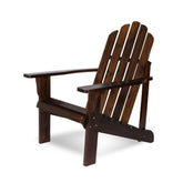 A dark brown wooden Adirondack chair with a slatted back and wide armrests, shown from a three-quarter angle on a white background. 