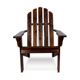 A dark brown wooden Adirondack chair with a slatted back and wide armrests, shown from the front against a plain white background. 