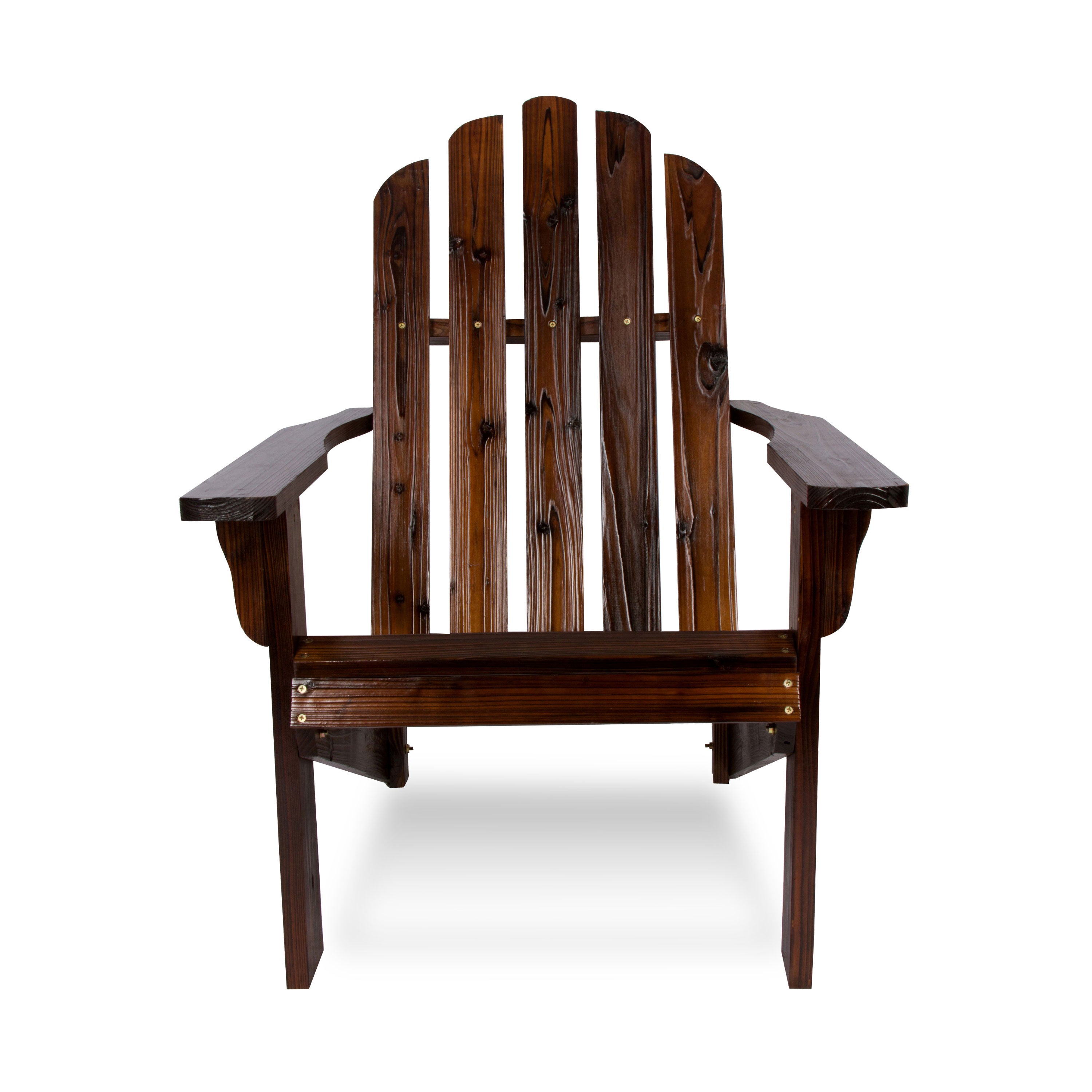 A dark brown wooden Adirondack chair with a slatted back and wide armrests, shown from the front against a plain white background. 