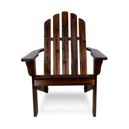 A dark brown wooden Adirondack chair with a slatted back and wide armrests, shown from the front against a plain white background. 